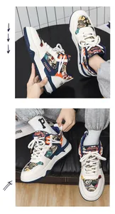 Primo piano di sneaker bianche casual da uomo con dettagli in tela con motivi a orsetto
