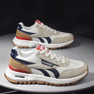 Baskets rétro pour hommes en beige et bleu marine avec semelle en gomme et mesh