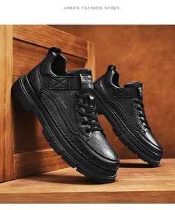 Black non-slip leather work shoes with durable lug sole for men