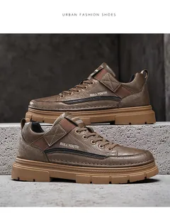 Detailed view of brown waterproof PU leather work shoes with anti-slip thick soles