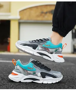 Scarpe da corsa professionali da uomo in rete traspirante grigio e ciano con arancio