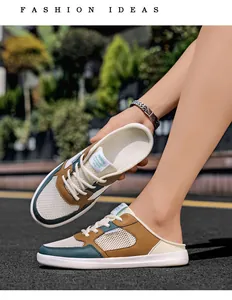 Detailaufnahme von atmungsaktiven Herren-Mesh-Mules mit Patchwork-Design im Freien
