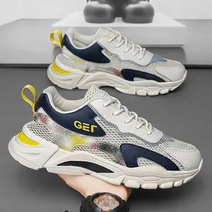 Sneakers da uomo in mesh traspirante, bianche e blu navy con dettagli gialli