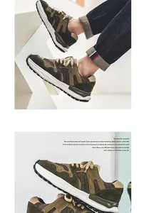 Detailed view of men's retro olive green thick-sole sneakers with suede texture