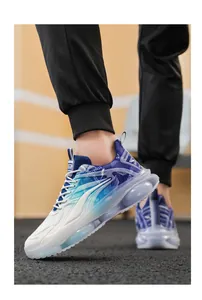 Professional detailed side view of men's blue gradient air cushion running shoes on model