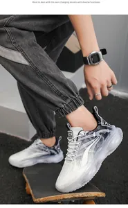 Macro view of men's breathable air cushion running shoes with stylish chunky soles
