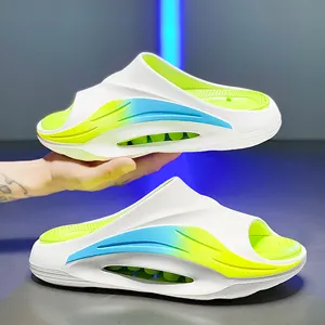 White sports slides featuring neon green interior and blue-green gradient side accents