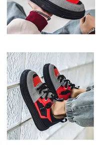 Detalle de primer plano de elegantes zapatillas casuales de gamuza gris y roja para moda