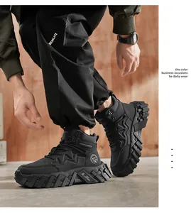 Men's mid-top black Martin boots in outdoor workwear style with a rugged profile sole