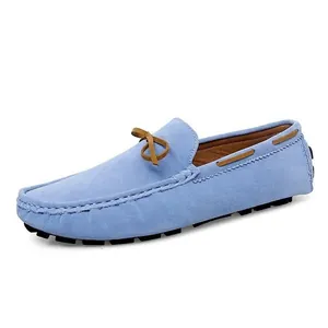Stylish men's light blue suede loafers driving shoes with decorative bow detail size 35-48