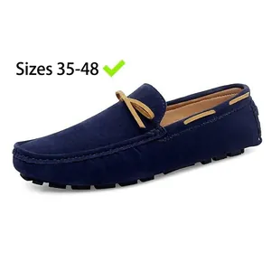Navy blue men's suede driving loafers with tan bow available in sizes 35-48
