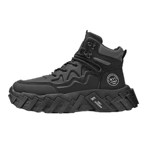 Black men's retro mid-top work boots with chunky sawtooth sole and embossed details