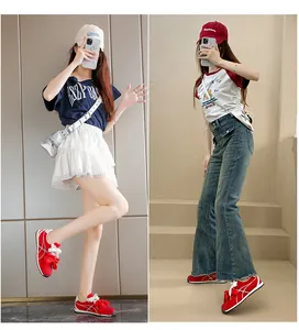 Stylish red suede sneakers featuring a decorative bow detail, shown in two casual outfits