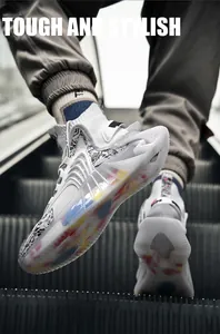 White high-top sock sneakers with blue and white porcelain pattern and hollowed blade sole
