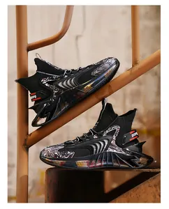Stylish high-top black sock sneakers with unique blade sole and marbled pattern for men
