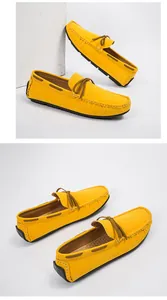 Close-up views of premium yellow men's driving loafers showing design and color details