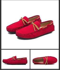Red men's suede loafers with bow detail shown from multiple angles for product view