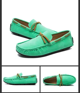 Multiple views of mint green men's suede loafers with bowtie decorative detail