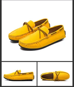 Detailed view of yellow loafers showing side, top, and perspective angles