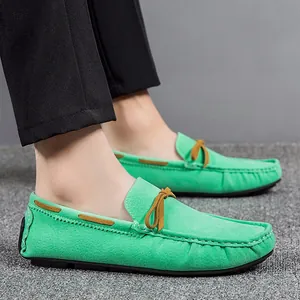 Bright green men's slip-on loafers, breathable casual driving shoes with bow detail