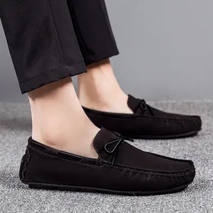Stylish black men's breathable suede loafers with comfortable slip-on driving shoe design
