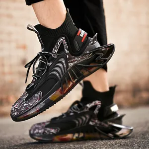 Stylish black mid-top sock sneakers for men featuring a unique blade hollow sole design