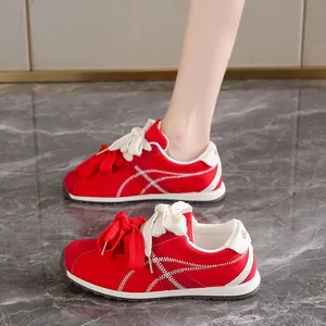 Women Suede Mesh Sneakers Fashion Casual Running Shoes Big Bowknot Lace-up Breathable Outdoor Versatile Ladies Sports Shoes