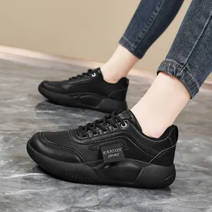 Black leather waterproof non-slip work shoes for women with soft sole for kitchen