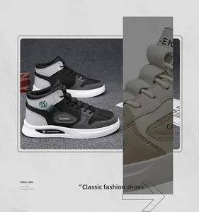 Vue détaillée des chaussures de skateboard montantes rétro pour hommes en noir et gris