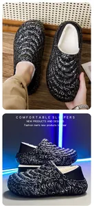 Detailed view of men's waterproof slippers with fleece lining and graffiti pattern