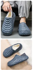 Warm blue waterproof men's winter slippers with fleece lining and graffiti pattern detail
