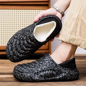 Winter Men Women Waterproof EVA Cotton Slippers Warm Plush Lined Full Heel Graffiti Pattern Outdoor Indoor Home Shoes Plus Size