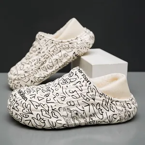 Men's winter fleece-lined waterproof slippers featuring a stylish graffiti pattern