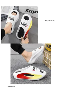 Nahaufnahme weißer EVA-Slipper mit buntem Farbverlauf und SMILE-Print-Design.
