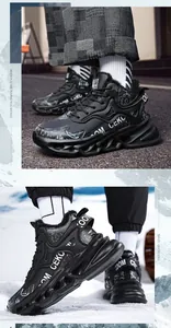 Close-up of black fleece-lined men's outdoor sneakers with thick TPU hollow soles.