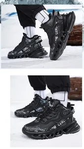 Close-up detail of black winter sneakers for men with warm faux fur lining on snowy ground