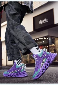 Close-up detail of stylish purple and teal chunky sneakers with TPU sole on urban street