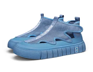 Zapatillas de malla azul transpirable con suela gruesa para hombre, verano casual.