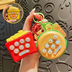 Mini Whack-A-Mole Game Machine Keychain Creative Fast Food Fries Burger Toast Shape Portable Stress Relief Handheld Electronic Game Toy Backpack Pendant Gift