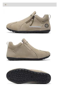 Vues détaillées de chaussures de travail kaki avec semelles antidérapantes et fermeture.