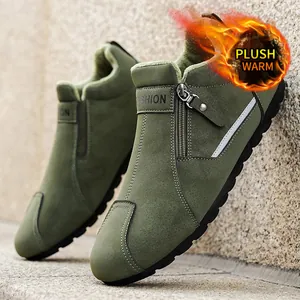 Bottes d'hiver homme vert olive avec doublure chaude en peluche et fermeture éclair