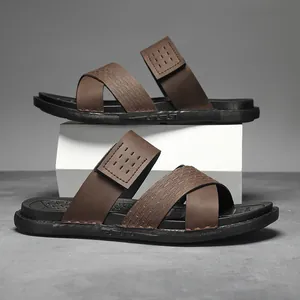 Men's stylish brown double-strap sandals with durable thick non-slip black soles