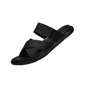 Men's stylish black thick-sole sandals with cross-strap design for outdoor use