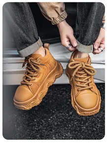 Detailed close-up of brown chunky bread sneakers featuring thick platform soles and rope laces