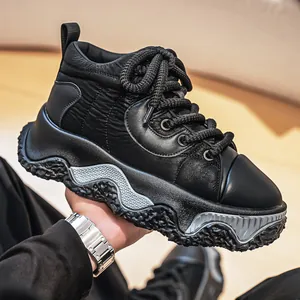 Stylish men's black chunky platform sneakers featuring thick wavy soles and padded design.