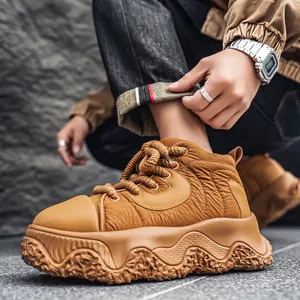 Men's chunky brown platform bread shoes with thick soles and retro workwear style