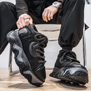 Men's black platform puffy bread shoes featuring thick chunky soles and warm fleece lining