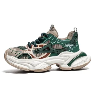Baskets chunky pour hommes en vert et beige avec maille respirante et semelle épaisse