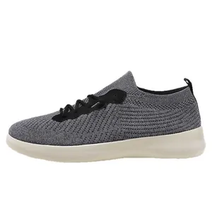 Breathable grey fly-knit sneakers for running and outdoor sports with thick white sole