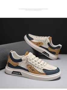 Nahaufnahme atmungsaktiver Mesh-Freizeitschuhe in Khaki und Marineblau mit modernem Design